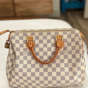 Checkered Tan and White Designer Speedy Louis Vuitton handbag